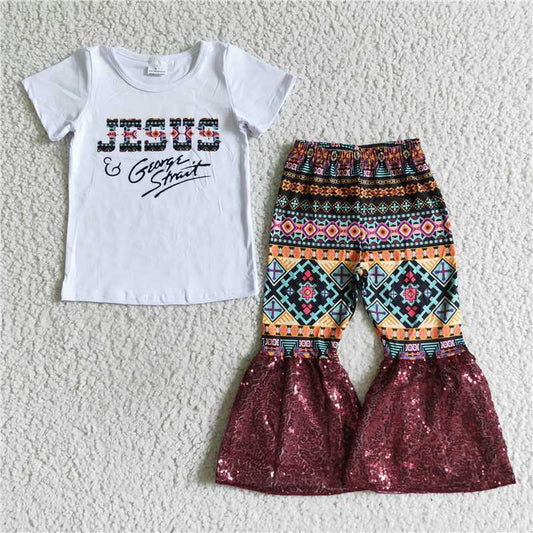 A3-9 White top + red sequin flared pants