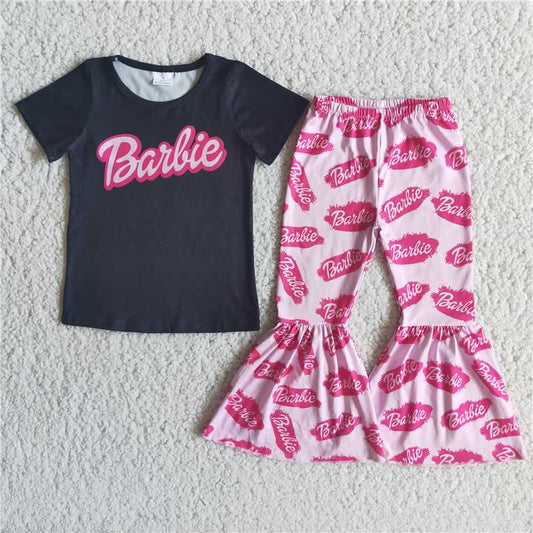 E2-19 Black Short Sleeve Pink Flared Pants Suit
