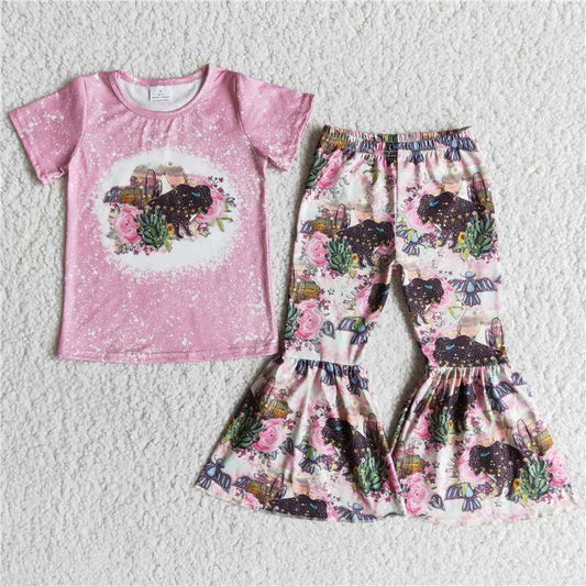 E12-15 Cow Pink Short Sleeve Printed Flared Pants