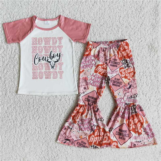 E13-18 cowboy short sleeve top bull head flared pants