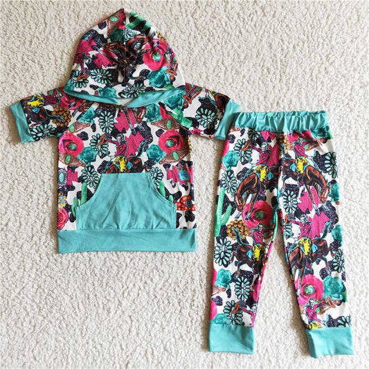 B18-1 Blue Pocket Hooded Floral Trousers Set