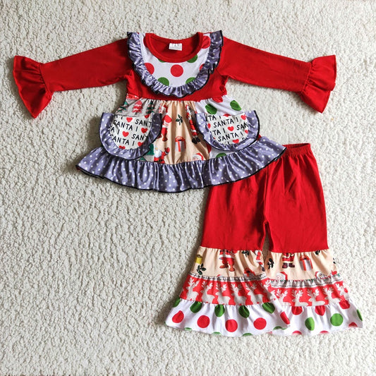 6 A24-13 Christmas Red Long Sleeve Pocket Flare Pants Set