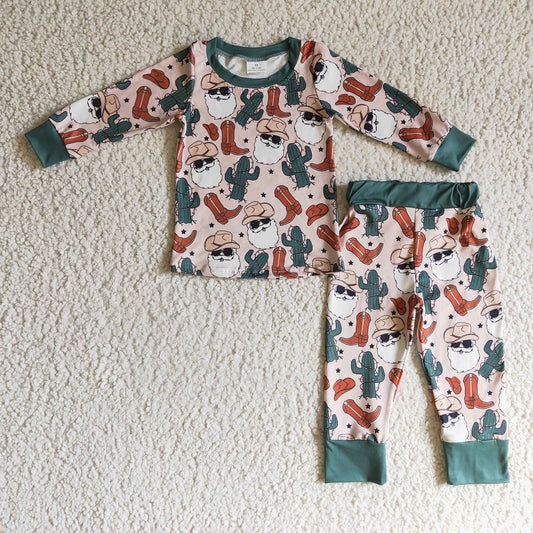 BLP0115 Boys Western Cowboy Christmas Cactus Old Man Long Sleeve Pants Set