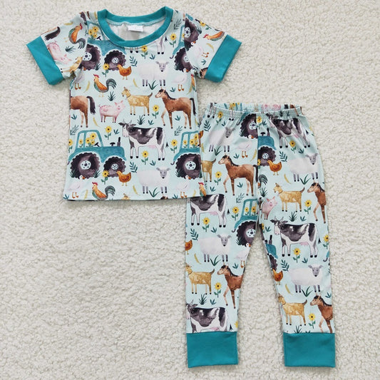 BLP0150 Baby Boy's farm cart cow horse pig chicken short-sleeved trousers suit