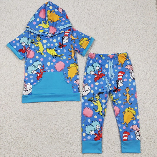 BSPO0068 Boys dr blue hooded pocket short sleeve trouser suit