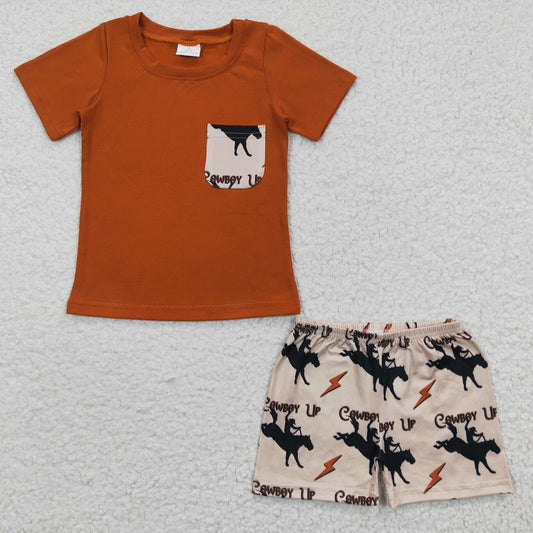 BSSO0162 Baby Boys cowboy riding brown pocket short-sleeved shorts suit