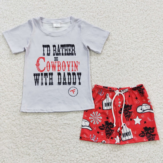 BSSO0243 cowboy hat cow gray short sleeve red shorts suit