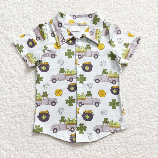 BT0181 Boys Clover Car Green Short Sleeve Top