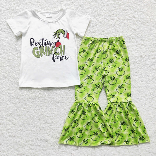 E3-30   White Short Sleeve Top Green Flared Pants Suit