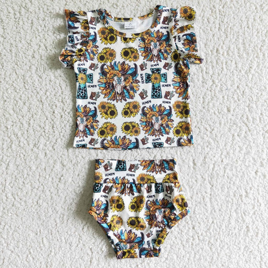GBO0047 Girls Bull Tau Sunflower Short Sleeve Briefs Suit