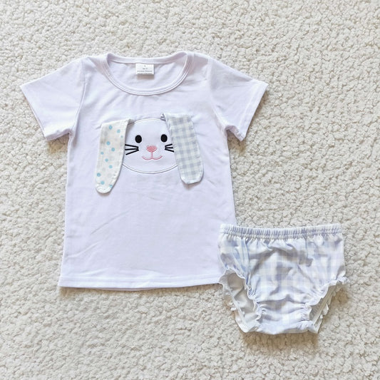 GBO0063  White Embroidered Rabbit Short Sleeve Blue Check Briefs Set