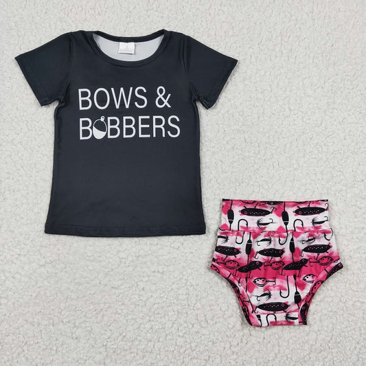 GBO0072 BOWS Fishing Black Short Sleeve Rose Red Brief Set