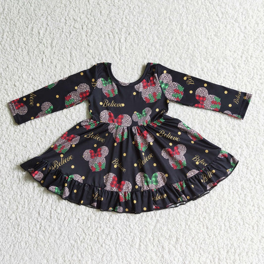 GLD0001 Girls Christmas Leopard Mickey Long Sleeve Dress