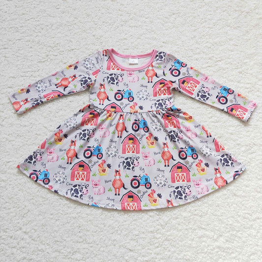 GLD0151 Girls Farm Cow Horse Pig Chicken Long Sleeve Dress