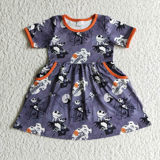 GSD0149  Smiley Skull Spider Web Pocket Short Sleeve Dress