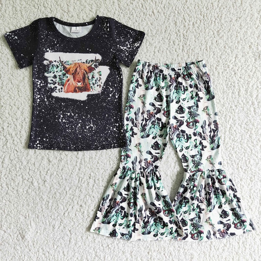 GSPO0108 Girls Alpine Cow Black Short Sleeve Trousers Suit