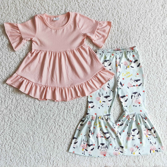 GSPO0115 Girls Farm Cow Pink Short Sleeve Pants Set