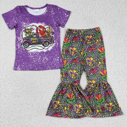 GSPO0268 Girls MARDI Truck Mask Purple Short Sleeve Pants Set