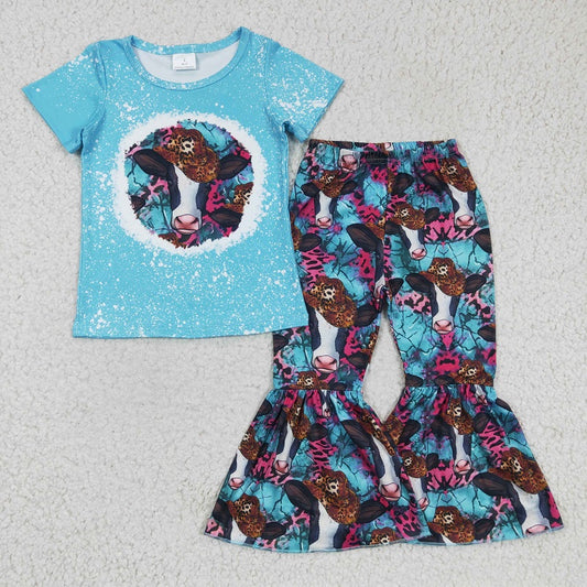 GSPO0304 Girls Cow Leopard Hat Blue Short Sleeve Trousers Suit