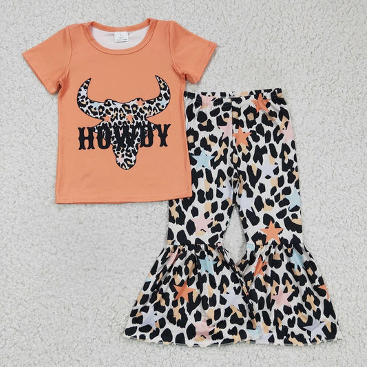 GSPO0305 Girls HOWDY leopard bull head short-sleeved trousers suit