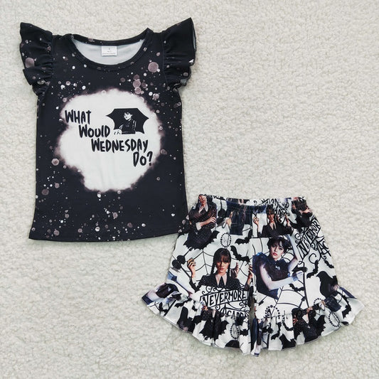 GSSO0177 Girls WEDNESDAY Black Flying Sleeve Shorts Set