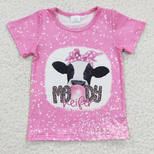 GT0128  Girls MOODY Cow Pink Short Sleeve Top