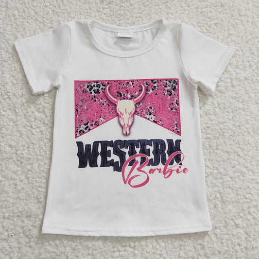 GT0134  Girls WESTERN pink bull head white short-sleeved top