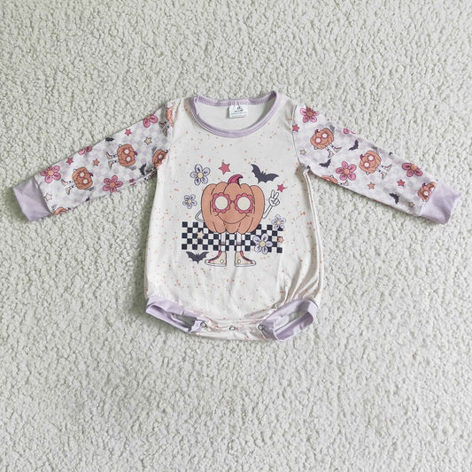 LR0083 Pumpkin Glasses Long Sleeve Romper Bodysuit