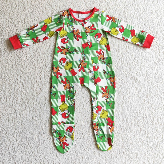 LR0194 Girl Cartoon Green Plaid Long Sleeve Bodysuit