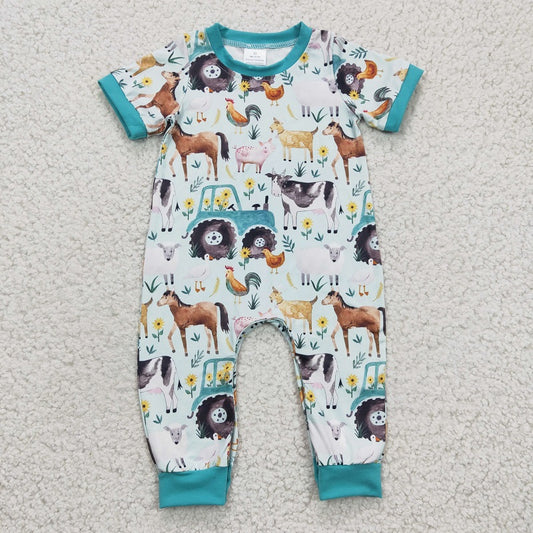 SR0130 Boys farm cart cow horse pig chicken short-sleeved jumpsuit